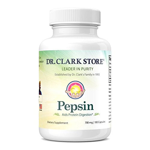 Dr Clark Store Pepsin bottle front view showing digestive enzyme support for meals