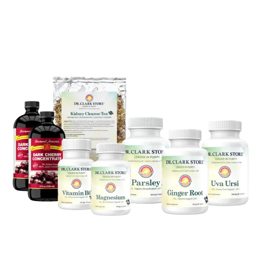 Dr Clark Store 3-week kidney cleanse kit shown with herbal tea, capsules, and concentrates for daily routine support.