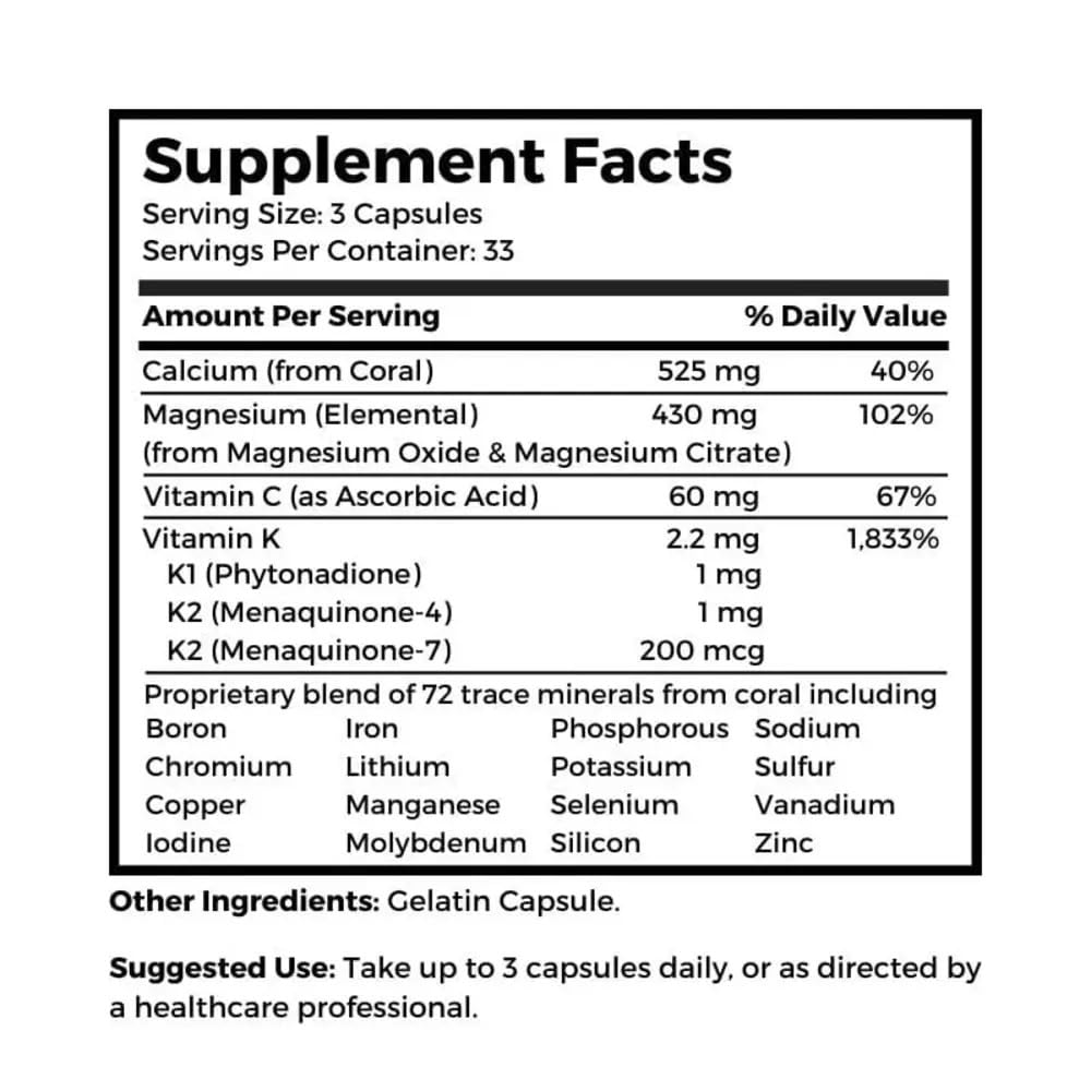 Dr Clark Store Coral Cal-Mag K2 jar label shows 72 trace minerals for vitality.