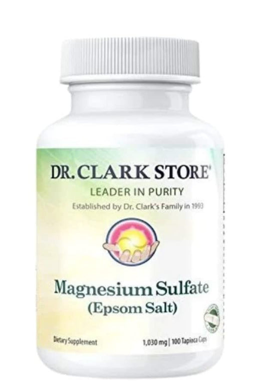 Dr Clark Store Magnesium Sulfate Capsules bottle highlighting high-potency relief for occasional constipation and muscle support.