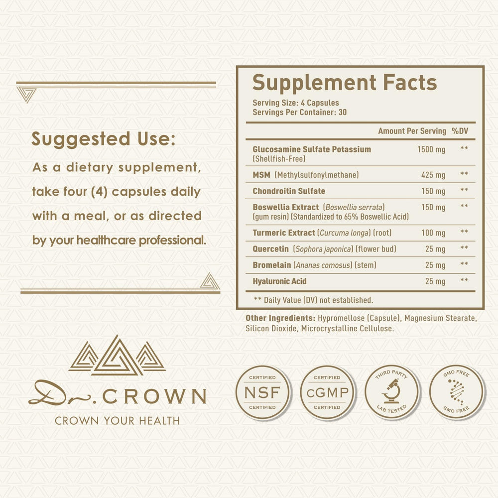DR. CROWN Joints packaging display emphasizes quality ingredients.