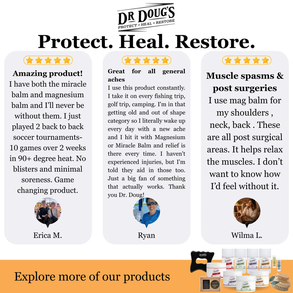 Organic ingredients badge on Dr. Doug's balm emphasizing natural care.