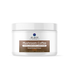 Dr. Emil Mushroom Coffee jar-front highlights instant blend for focus