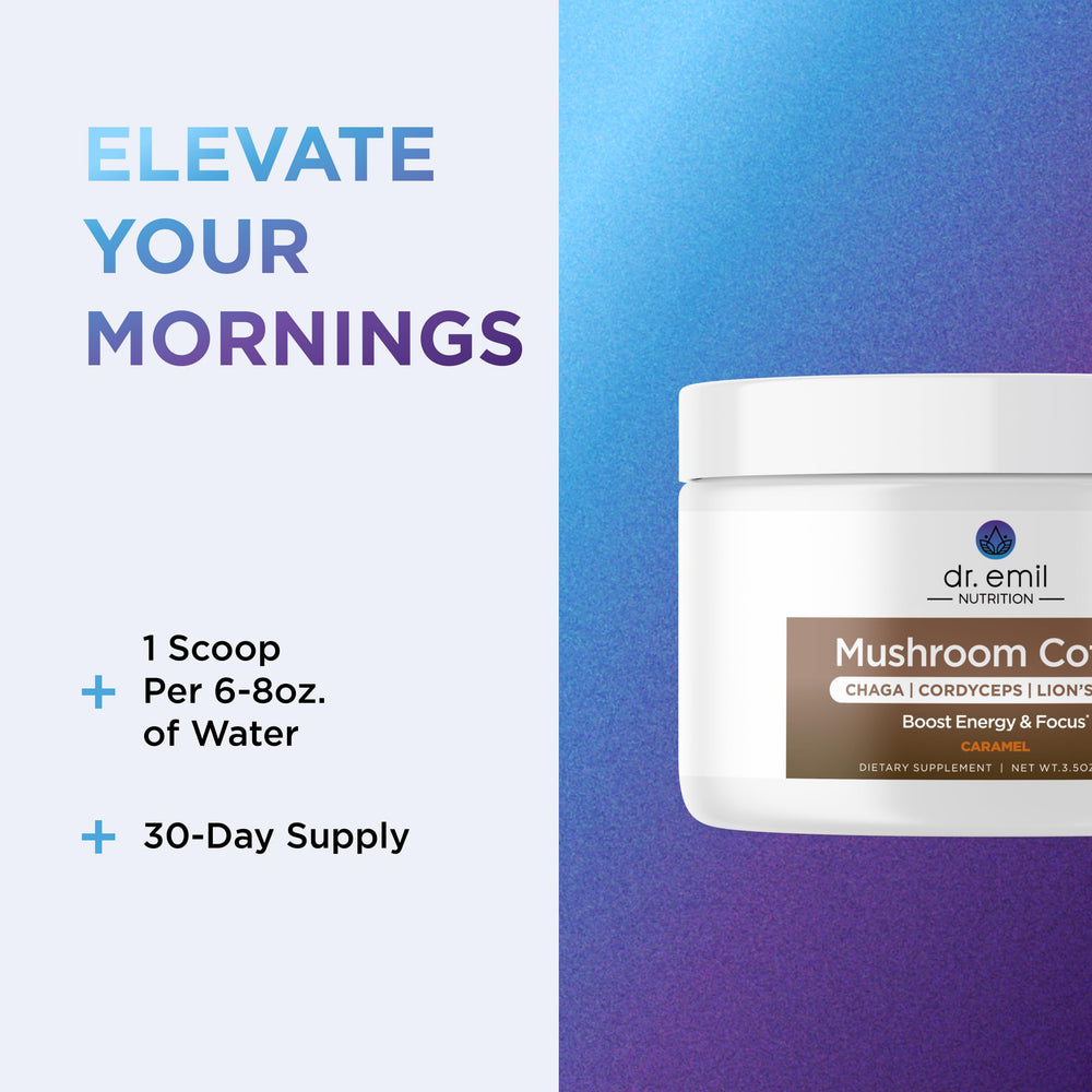 Dr. Emil Mushroom Coffee steaming-cup hints at smooth, café-style energy