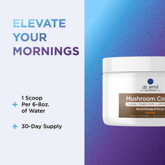 Dr. Emil Mushroom Coffee steaming-cup hints at smooth, café-style energy
