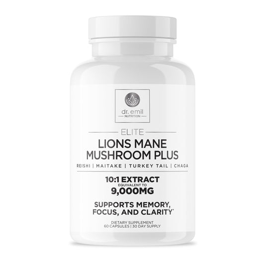 DR. EMIL NUTRITION Lions Mane bottle showing 9000mg equivalent for focus support
