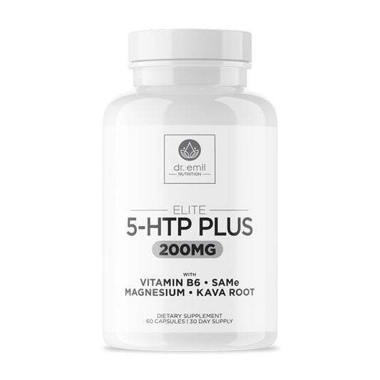 DR. EMIL NUTRITION Elite 5-HTP bottle suggesting calm evenings and better sleep.