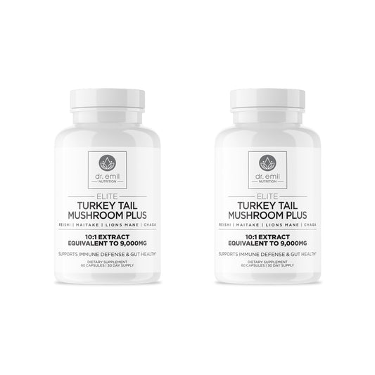 DR. EMIL NUTRITION Elite Turkey Tail bottle shows 900 mg per serving for potential immune support
