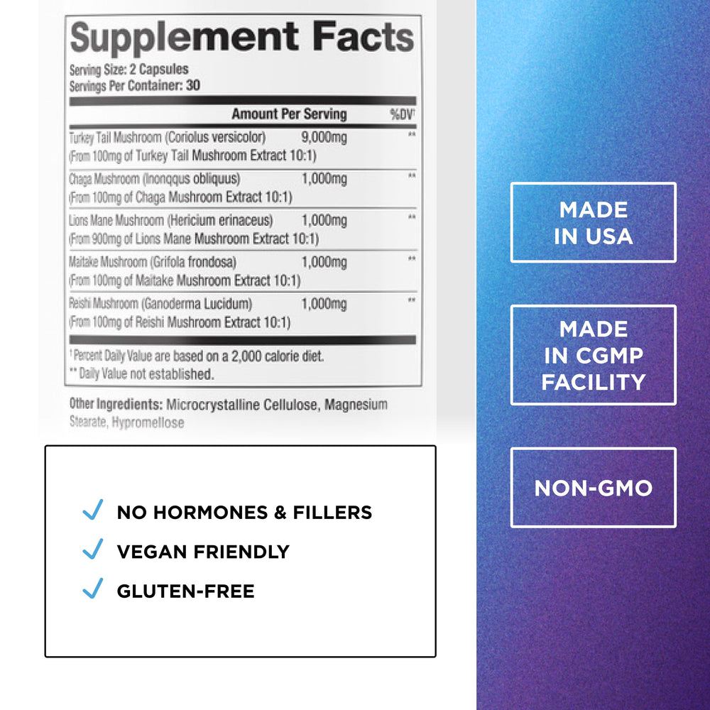 DR. EMIL NUTRITION Elite Turkey Tail label close-up highlighting gluten-free and non-GMO formula