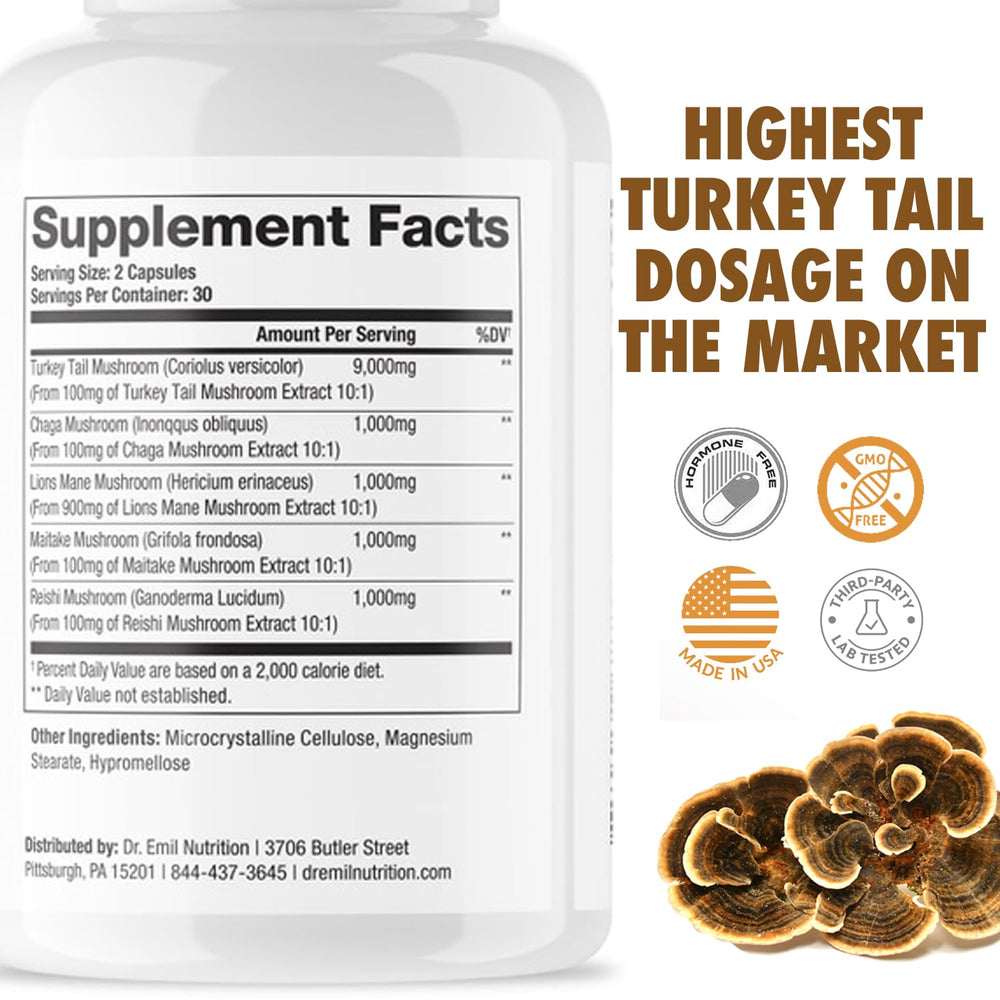 DR. EMIL NUTRITION Lions Mane blend shown for focus and balanced immunity.