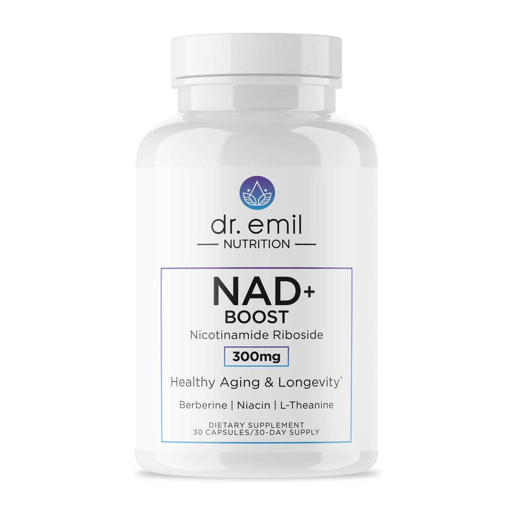 DR. EMIL NUTRITION NAD+ Boost bottle-front view highlighting sleek packaging for daily longevity support.