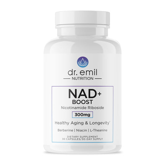 DR. EMIL NUTRITION NAD+ Boost bottle-front view highlighting sleek packaging for daily longevity support.