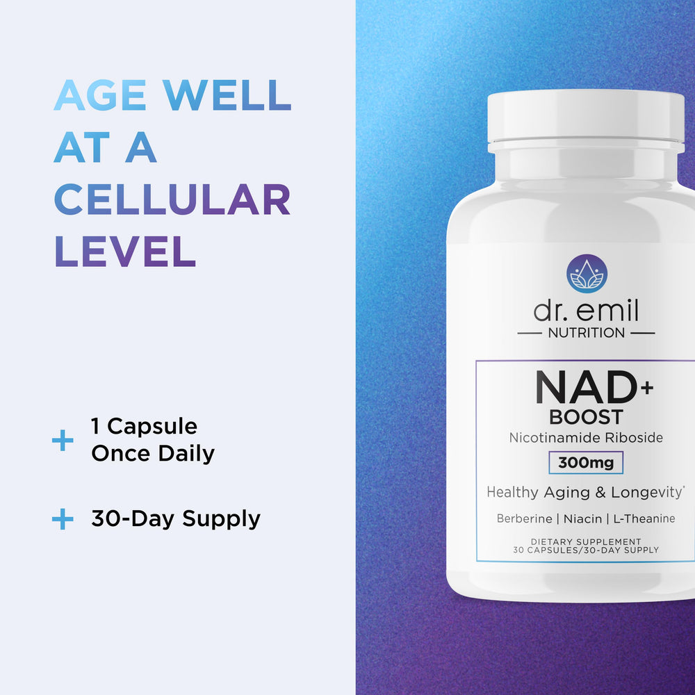 DR. EMIL NUTRITION NAD+ Boost ingredient-blend closeup featuring berberine, L-theanine, niacin.