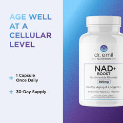 DR. EMIL NUTRITION NAD+ Boost ingredient-blend closeup featuring berberine, L-theanine, niacin.