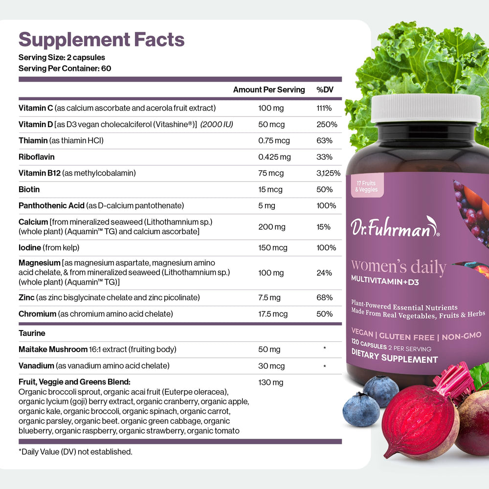 Dr. Fuhrman D3 vitamin bottle foreground emphasizing vegan mineral support