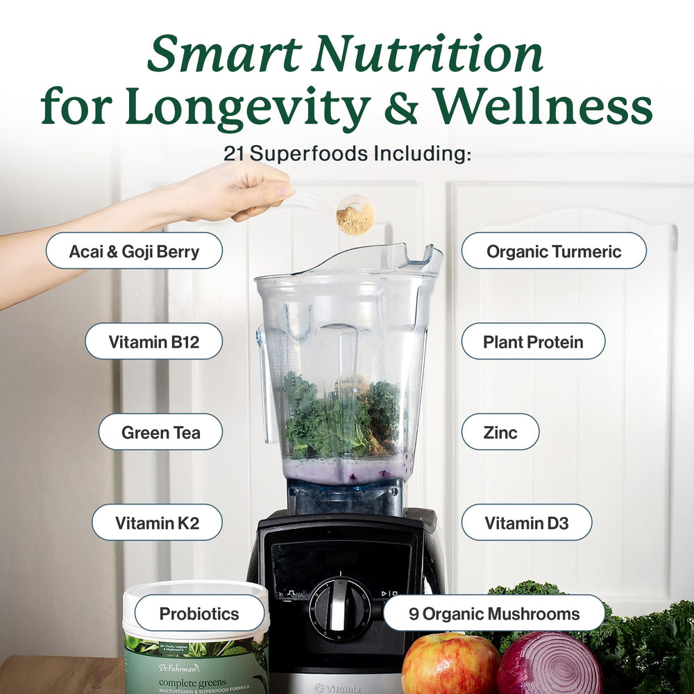 Dr. Fuhrman Greens Powder scoop in glass showing convenient daily wellness boost