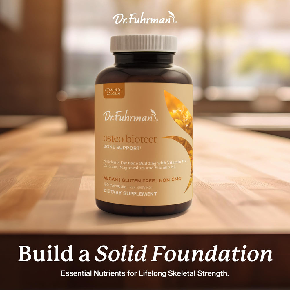 Dr. Fuhrman Osteo bottle on kitchen counter, ready for your daily routine.