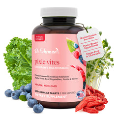 Dr. Fuhrman Pixie Vites chewable bottle with kid-friendly multivitamin for daily nutrition.