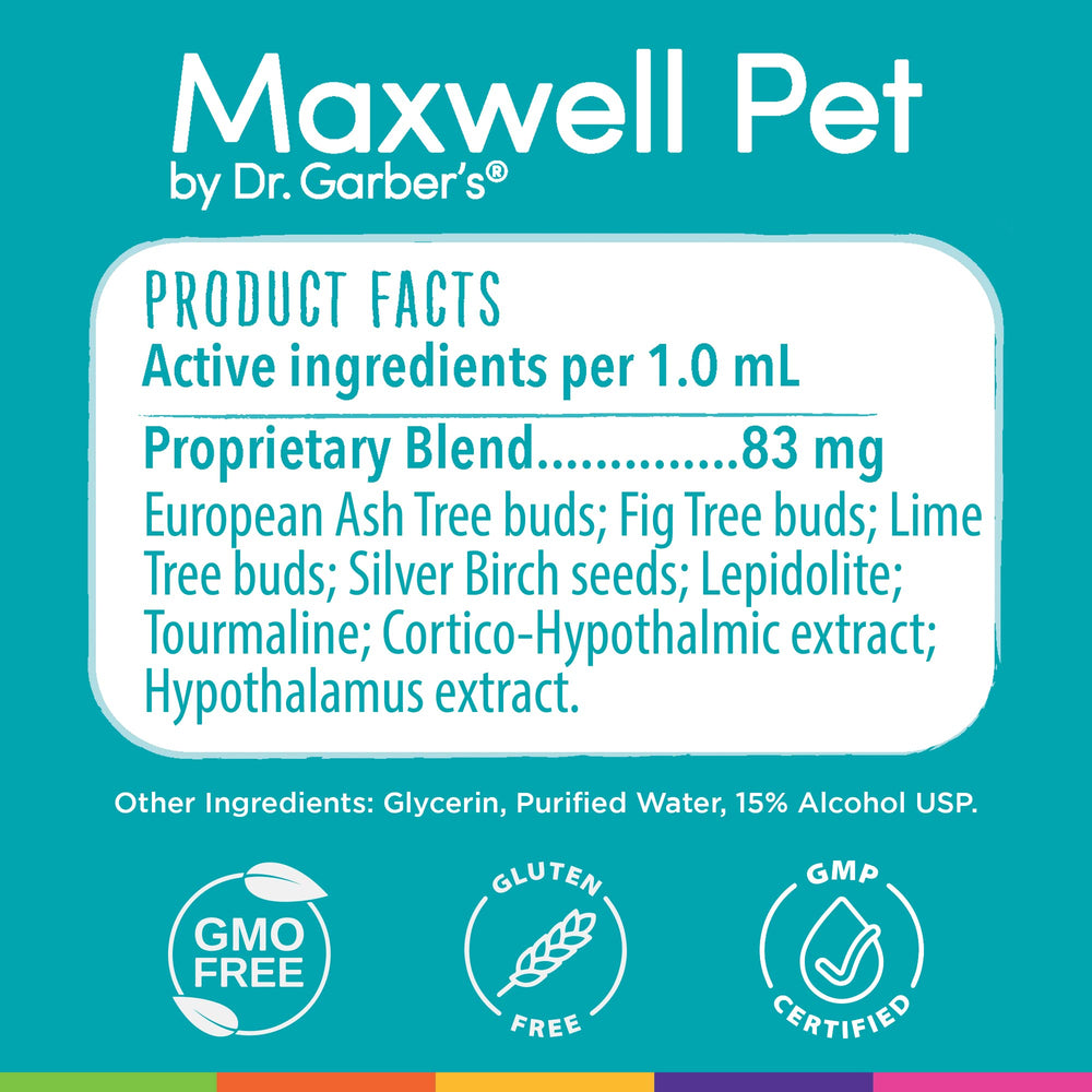 DR.GARBER'S Maxwell Pet drops-into-mouth visualization shows easy dosing for daily calm.