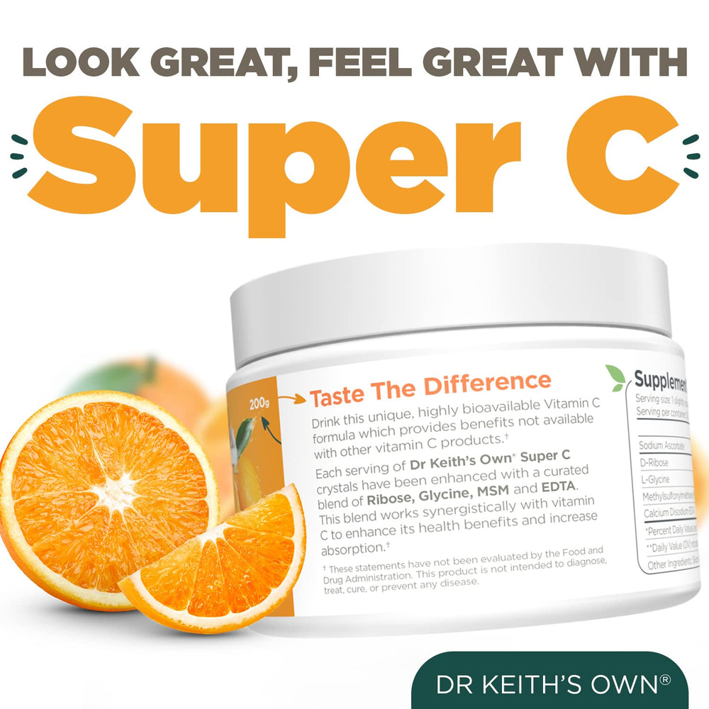 Lab-purity seal on Dr. Keith's Own Super C packaging.