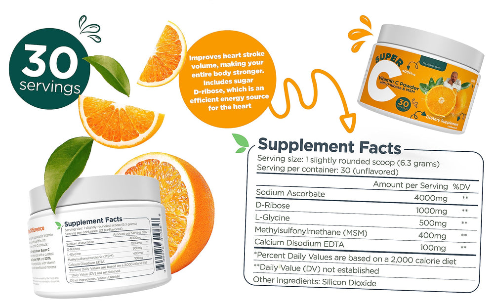 Close-up of Dr. Keith's Own Super C powder dissolving for fast absorption.