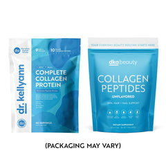 Dr. Kellyann collagen powder scoop in hand for quick daily use
