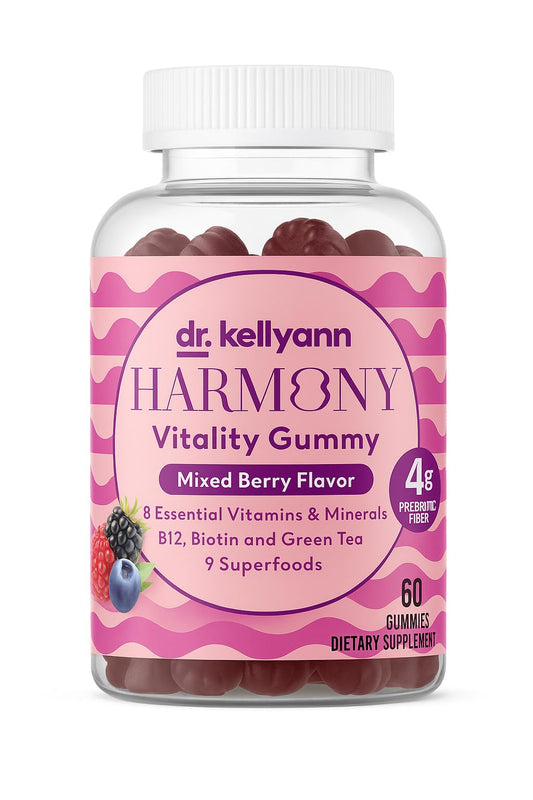Dr. Kellyann Harmony Vitality Gummies bottle shows mixed berry flavor and supports daily energy.