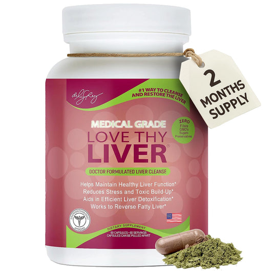 Dr. Liz Cruz Love Thy Liver bottle pour for easy veggie capsule intake and daily liver support.