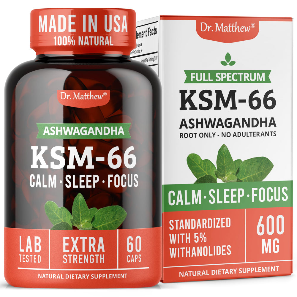Dr. Matthew Ashwagandha KSM-66 root bottle for calm focus.