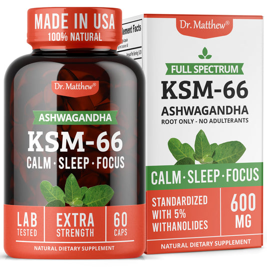 Dr. Matthew Ashwagandha KSM-66 root bottle for calm focus.