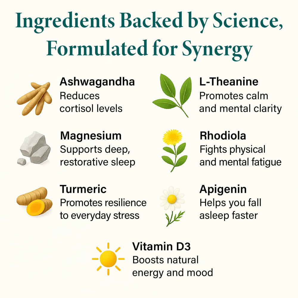 Label close-up highlighting Ashwagandha and L-Theanine ingredients.