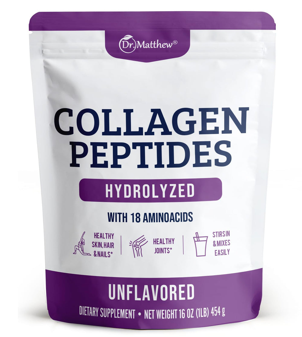 Dr Matthew hydrolyzed collagen peptides powder unflavored highlighting grass fed sourcing for clean protein
