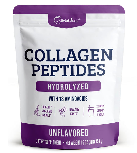 Dr Matthew hydrolyzed collagen peptides powder unflavored highlighting grass fed sourcing for clean protein