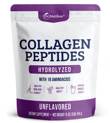 Dr Matthew hydrolyzed collagen peptides powder unflavored highlighting grass fed sourcing for clean protein
