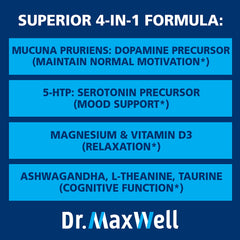 Ingredients panel on Dr. Maxwell bottle featuring mucuna pruriens and 5-HTP