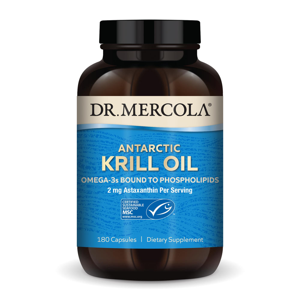 Dr. Mercola Antarctic Krill Oil bottle showing daily omega-3 capsules