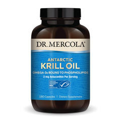 Dr. Mercola Antarctic Krill Oil bottle showing daily omega-3 capsules