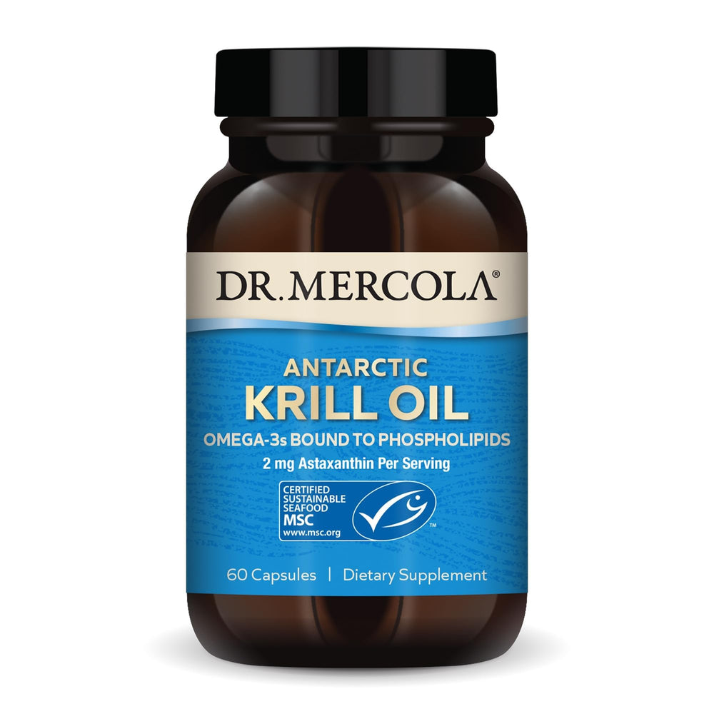 Dr. Mercola Antarctic Krill Oil bottle with omega-3 capsules for daily support.