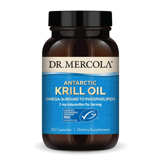Dr. Mercola Antarctic Krill Oil bottle with omega-3 capsules for daily support.