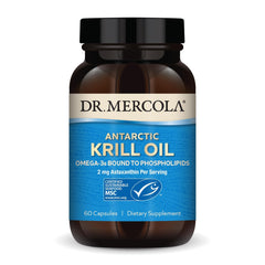 Dr. Mercola Antarctic Krill Oil bottle with omega-3 capsules for daily support.