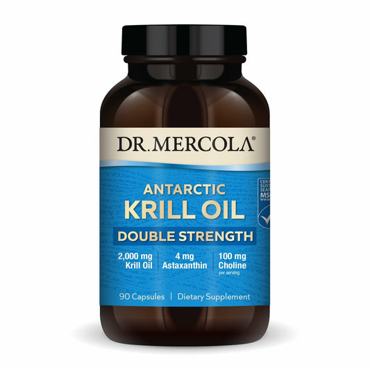 Dr. Mercola Antarctic Krill Oil bottle with label highlighting daily omega-3 support.
