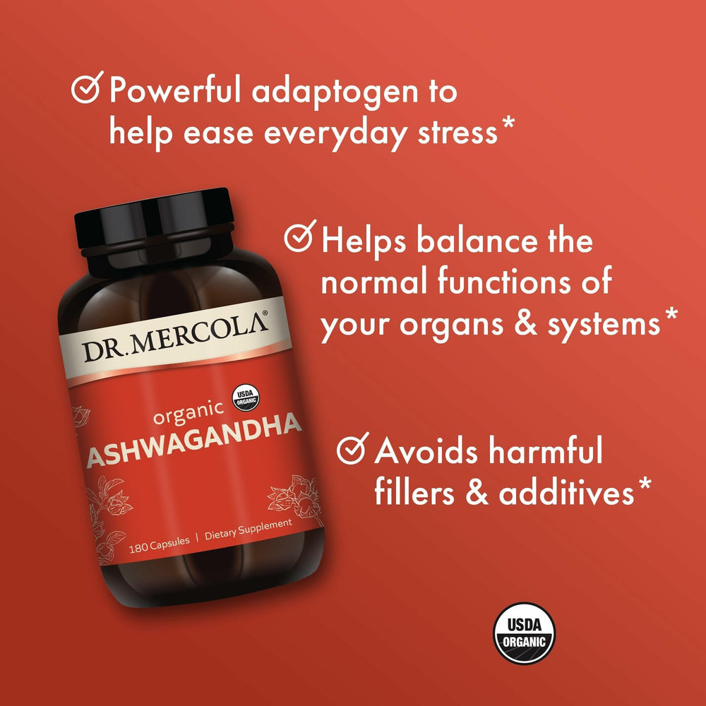 Dr. Mercola Ashwagandha bottle pouring capsules for on-the-go support