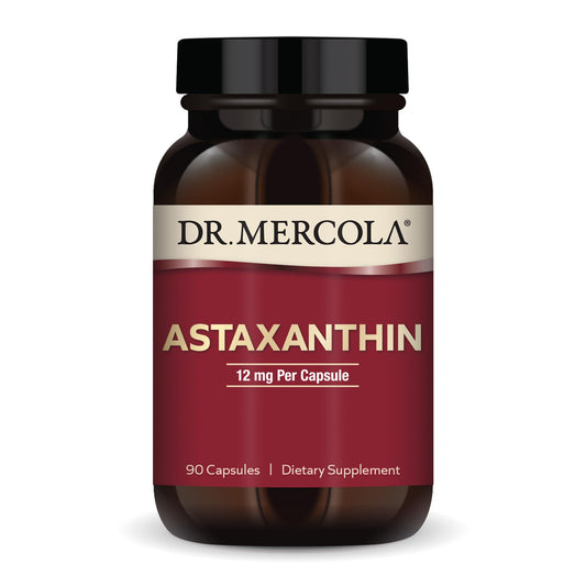 Dr. Mercola Organic Astaxanthin 12 mg bottle highlights antioxidant support for vision and skin.