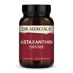 Dr. Mercola Organic Astaxanthin 12 mg bottle highlights antioxidant support for vision and skin.