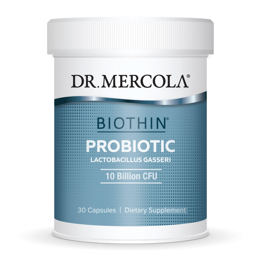 Dr Mercola Biothin Probiotic bottle showing label for daily digestive support