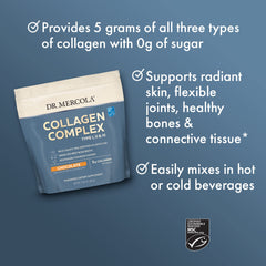 Dr. Mercola Collagen Complex Powder chocolate bone-broth-concentrate display emphasizes multi-source blend benefits