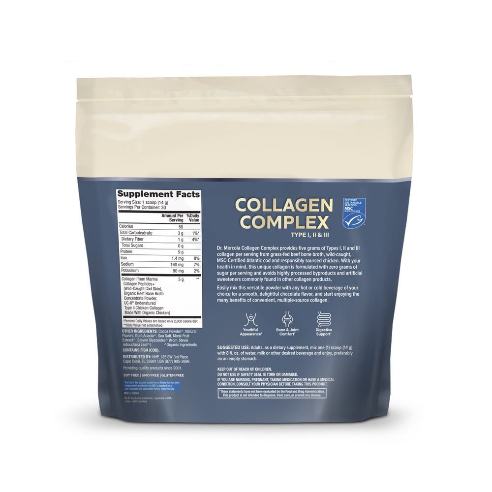 Dr. Mercola Collagen Complex Powder chocolate scoop-dispense ready for daily mix and easy use
