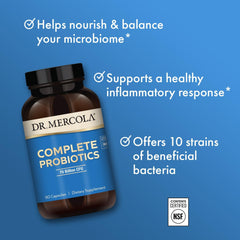 Graphic of 10 probiotic strains in Dr. Mercola Complete Probiotics.