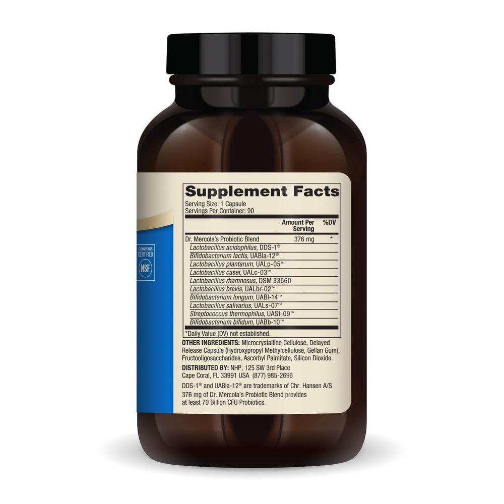 Capsules inside the Dr. Mercola bottle illustrate daily digestive support.