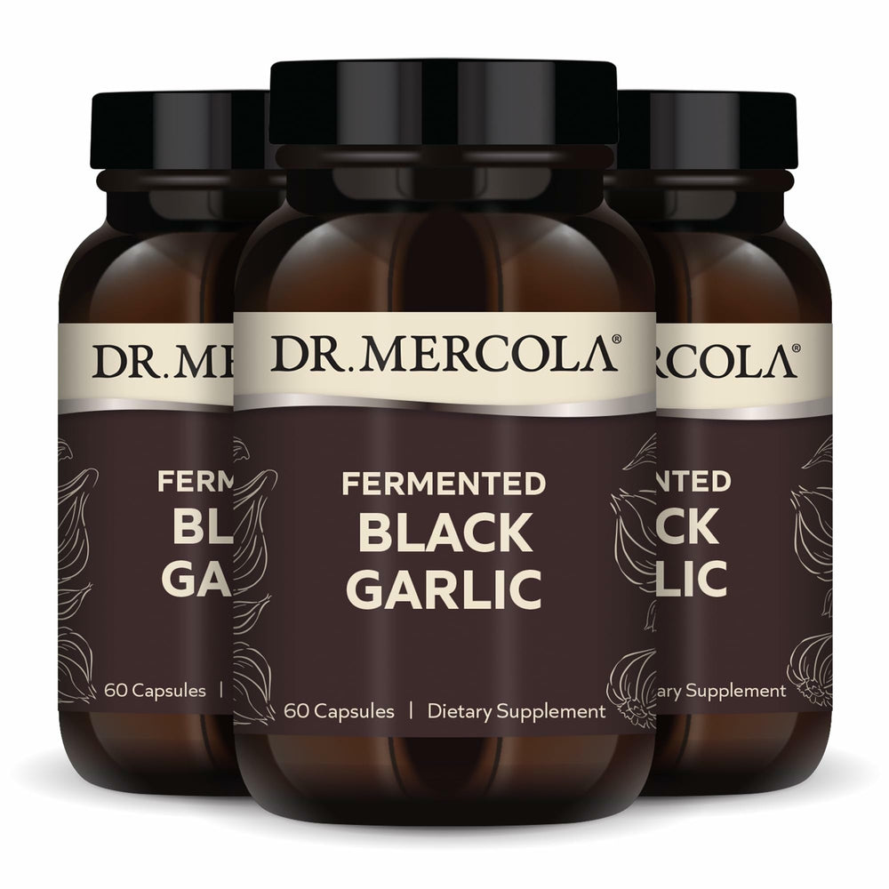 Dr. Mercola Fermented Black Garlic bottle for daily immune support.